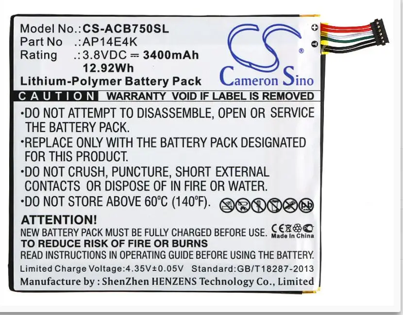 Аккумулятор Cameron Sino 3400mAh для ACER Iconia One 7 B1-750 AP14E4K (1ICP4/86/94) KT00104001 | Электроника