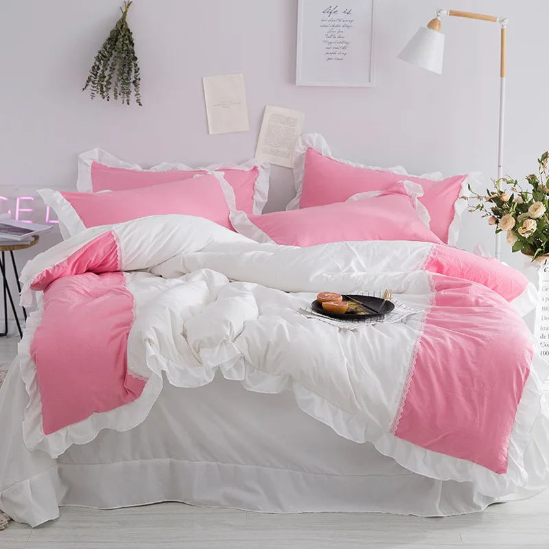 Home textile Korean solid bedding set duvet cover with rufflers red and