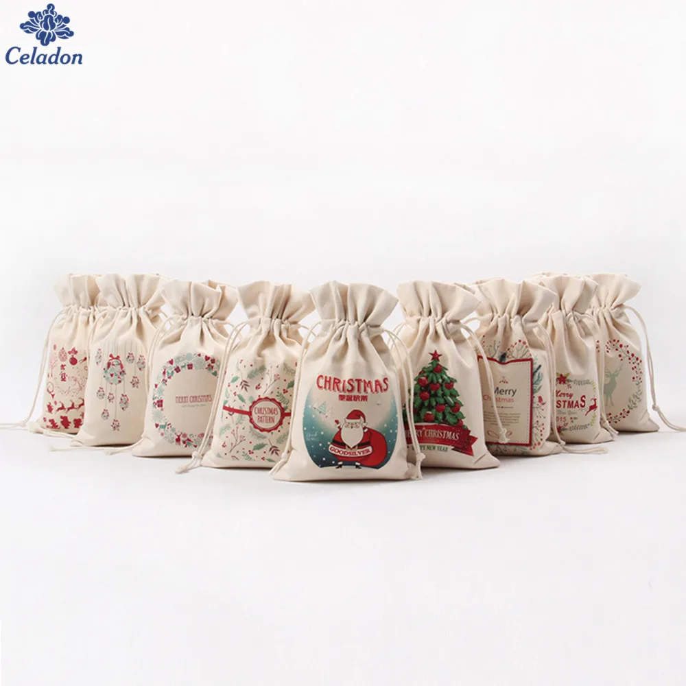 

1Pcs Multi pattern 16x23.5cm Pouch Drawstring Canvas Bags Merry Christmas Jewelry Candy Gift Bags for Christmas Favors Pouch