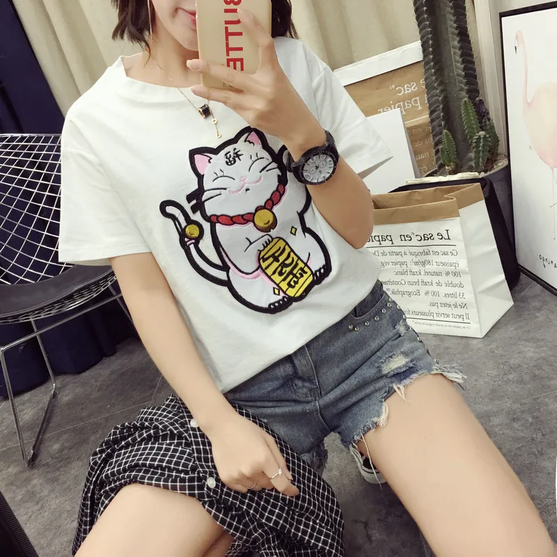 هياواثا الكرتون لاكي القط تي شيرت 2018 المرأة الصيف كم قصير القمم تيز الأزياء التطريز تي شيرت t070 هياواثا الكرتون لاكي القط تي شيرت 2018 المرأة الصيف كم قصير القمم تيز الأزياء التطريز تي شيرت t070