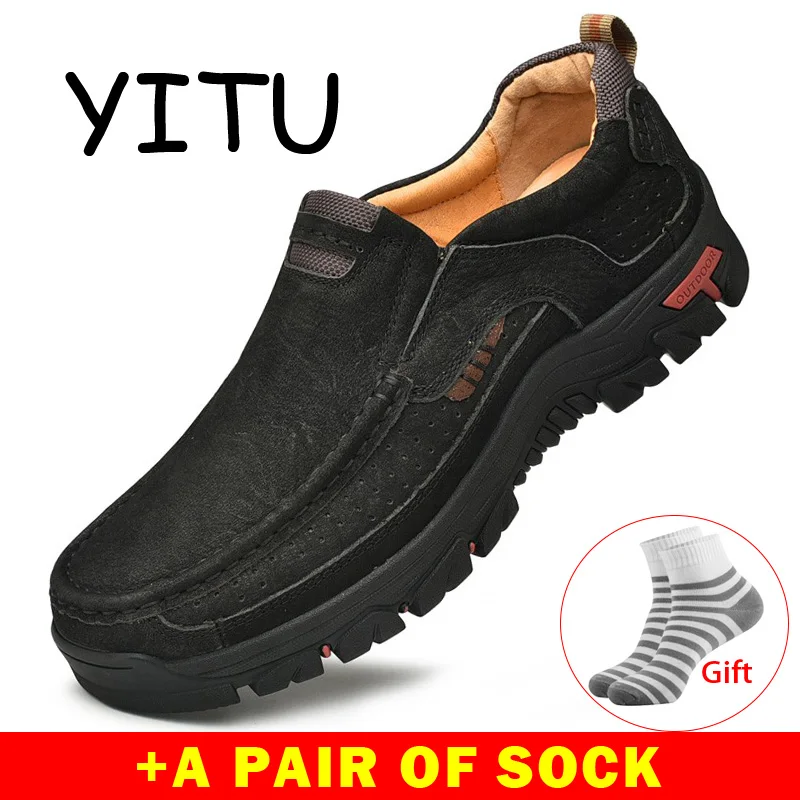 

YITU Outdoor Hiking Shoes Men Comfortable Black Leather Mountain Hiking Shoes Men Trekking Shoes Climbing Sneakers Breathable