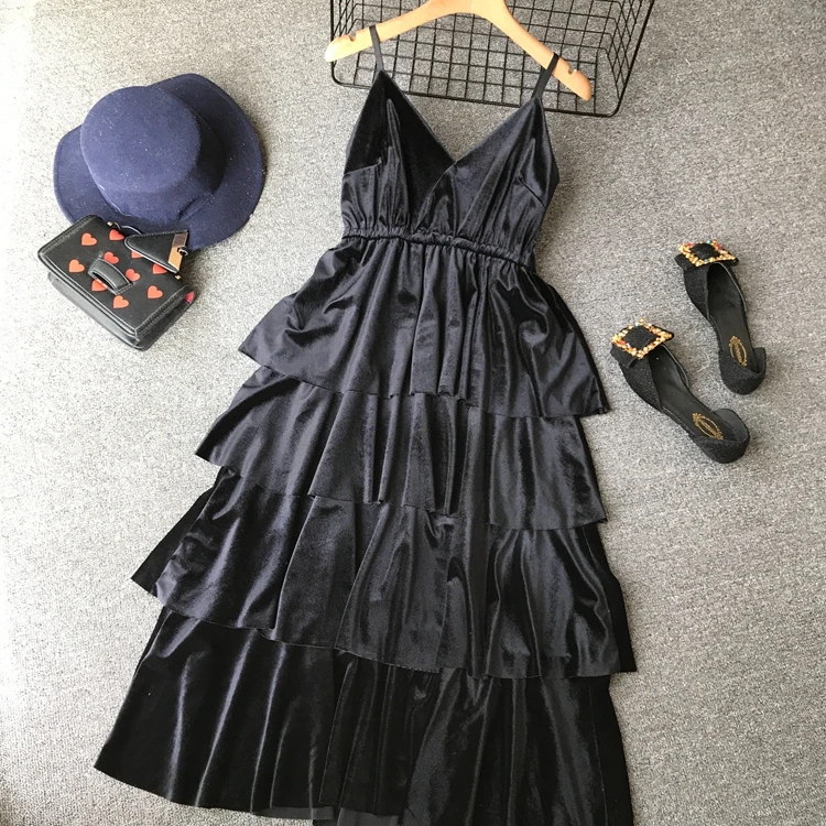 ALPHALMODA Retro Velvet Cake Dress High Waist V Collar Women Cute Vestidos De Fiesta Solid Female Medium Long Party Vestidos