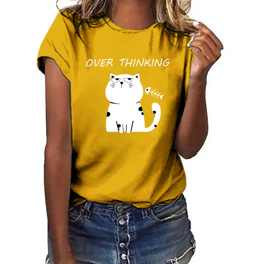 

Women Plus Size Cat Print Cartoon Yellow Black Short Sleeve T-shirt Tops Summer Clothing Girl's Ladies Shirts Tees Camisa Blusas
