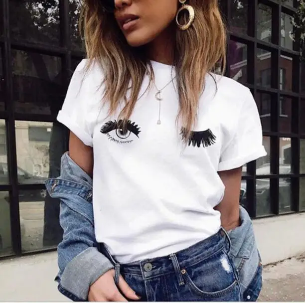 Cartoon women 2018 eyes summer casual short-sleeved T-shirt white blinking print cute Harajuku large size S-2XL T shirt Cartoon women 2018 eyes summer casual short-sleeved T-shirt white blinking print cute Harajuku large size S-2XL T shirt