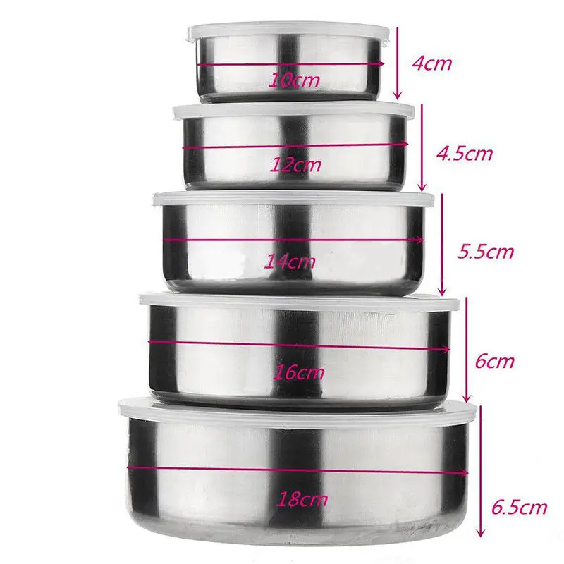 

5 Pcs Stainless Steel Home Kitchen Food Container Storage Mixing Bowl Set Sale