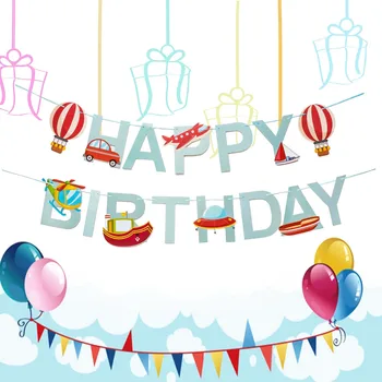 

Spaceship Aircraft Happy Birthday Banner Cars Steamship Helicopter Bunting for Birthday Party Decorations Garland Photo Prop