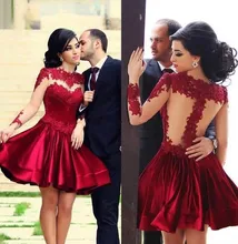 2015 A-line Hohen Kragen Mit Langen Ärmeln Red Durchsichtig Spitze Short Mini Homecoming Kleider Cocktailkleider