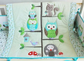 

New 7pcs Birdie Owlet Three Animals Embroidered Baby Cot Crib Bedding Set 4 items Quilt Bumper Sheet Skirt cyan color