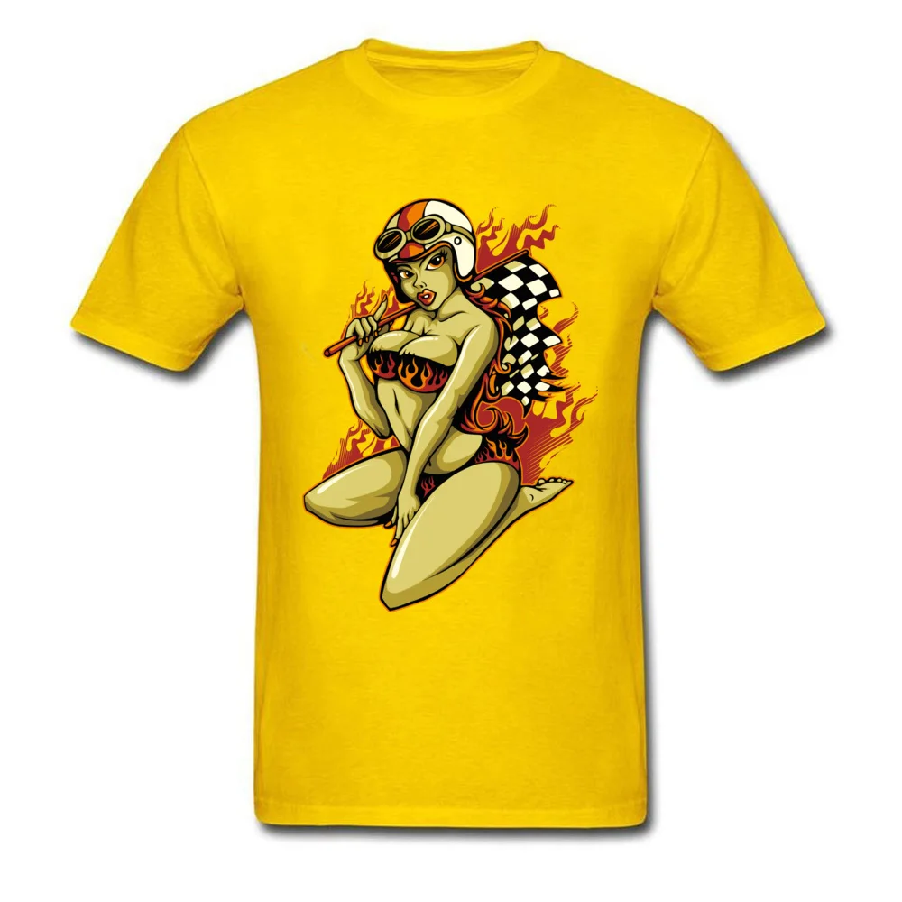 Printed On Tops & Tees Faddish O Neck comfortable Short Sleeve All Cotton Male T-shirts Personalized Tees Free Shipping Hot Pin Up Girl with Racing Flag yellow