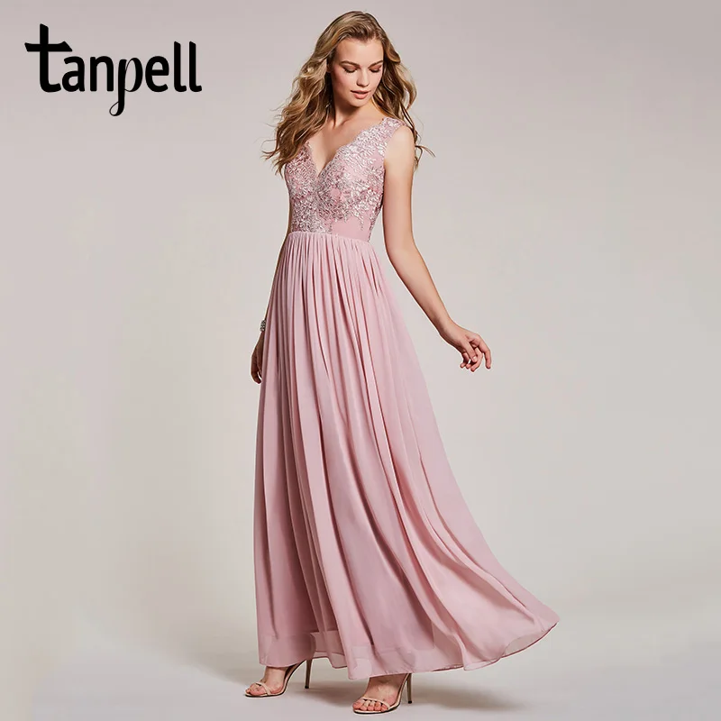 Tanpell, кружевное вечернее платье с v-образным вырезом, жемчужно-розовое, без рукавов, с аппликацией, ТРАПЕЦИЕВИДНОЕ, длина до пола, платья для женщин, вечерние платья, длинное вечернее платье