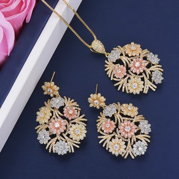 

Trendy Boho Flower Necklace Big Drop Earrings Jewelry Sets For Women Luxury CZ Party Weddings Jewelry Sets