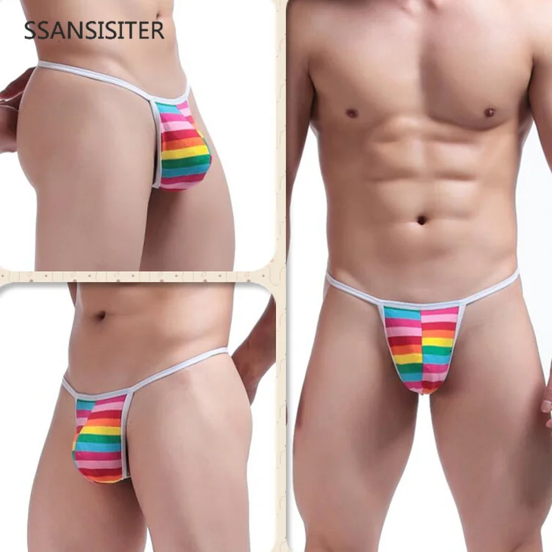 

Men Sexy Rainbow Strip T-back Thong Briefs Underwears Slim Low Waisted Bikini Underpants Mens Micro Thongs Gay Lingerie Sexy