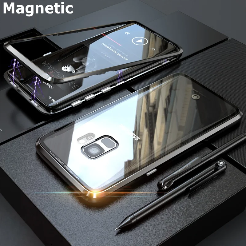 

Magnetic Adsorption Metal Case For Samsung Galaxy S9 Plus S8 S7 edge Transparent Glass Cover Frame Armor For Samsung Note 8 Case