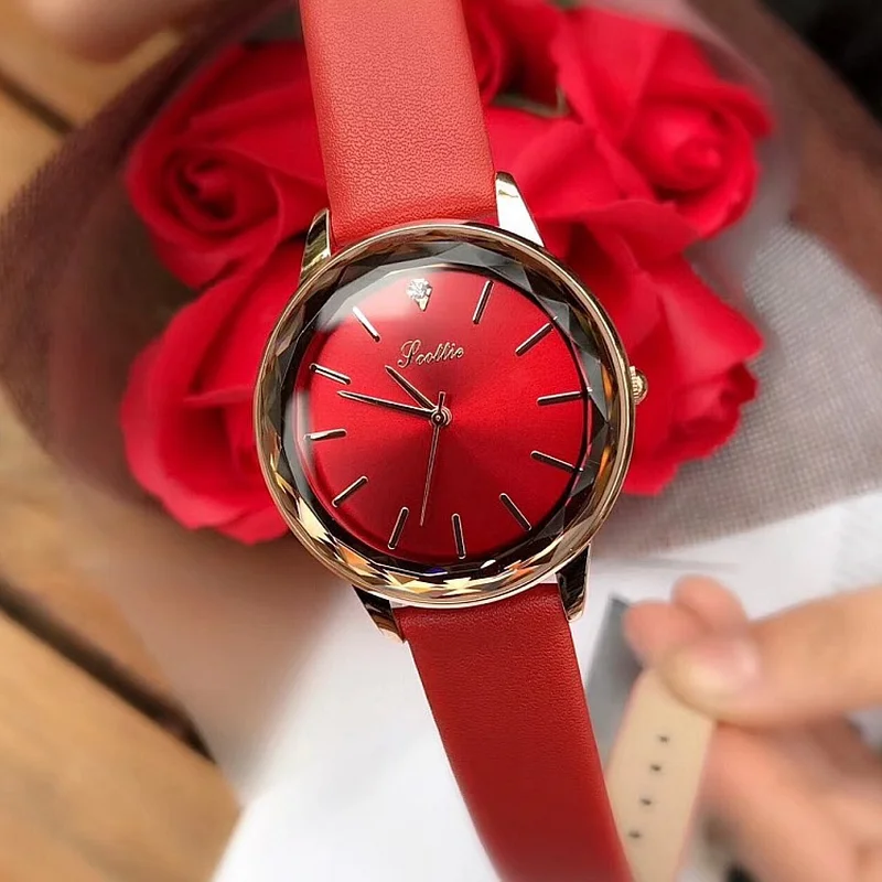 

Dropshipping New Diamond Glass Rose Gold Red Diamond Women's Watches Fashion Leather Strap Ladies Watches relojes mujer