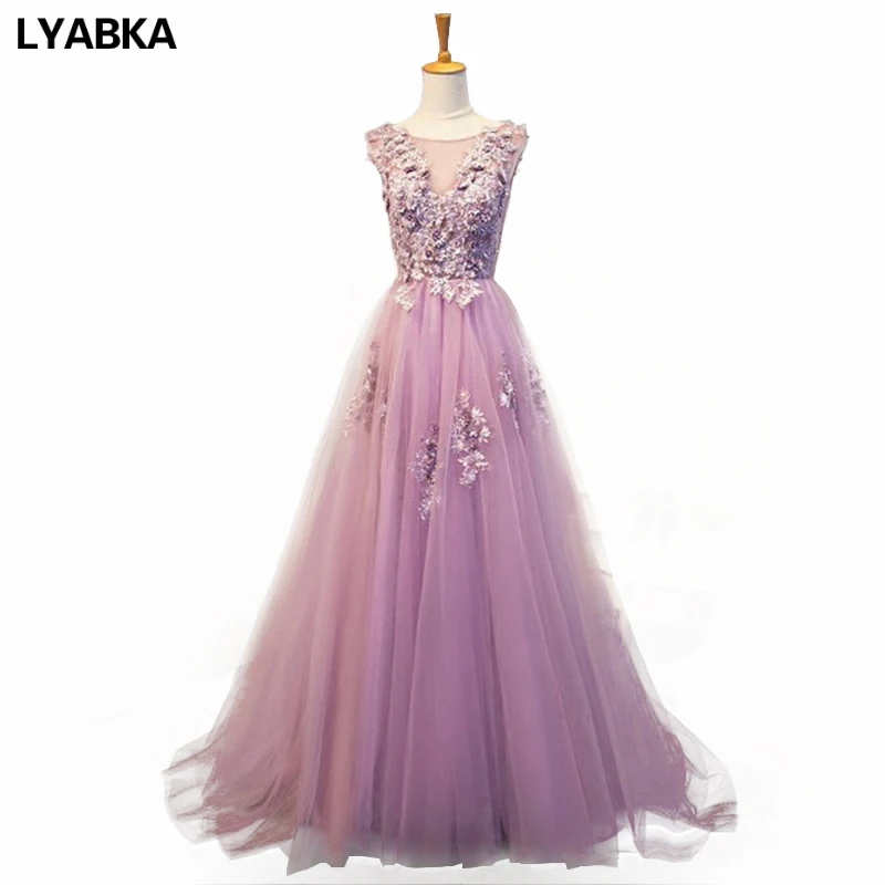 

Romantic Tulle With Flowers Evening Dress Scoop Neck A-line Evening Dresses Robe De Soiree Prom Dress Real Photo Abendkleider