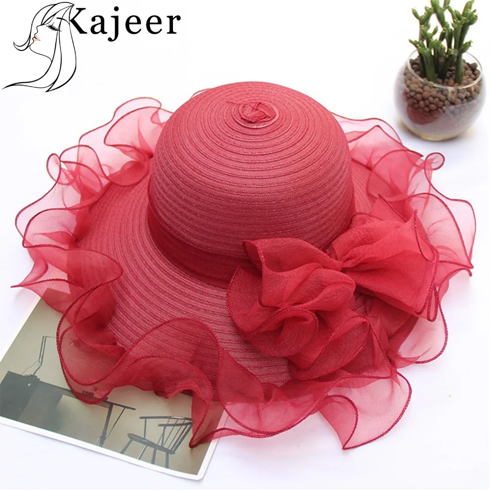 

Kajeer Lace Mesh Fashion Summer Organza Sun Hats For Women Elegant Laides Church Vintage Hat Wide Large Brim With Big Flower Cap