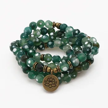 

New Arrival Natural Green Fire Onyx Bracelet 108 Mala Stone Beads Bracelet Lotus Pendant Chakra Yoga Healing Bracelet Wholesale