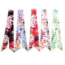 Женские имитация шелка тонкий шарф цветок цветочный принт связали сумки ленты Женский 100*5 см длинные шарфы для женщин шейный платок
