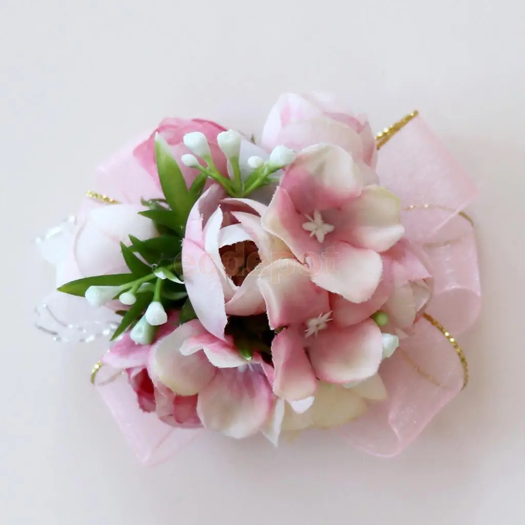 5pcs Silk Hand Flowers Wedding Bride Bridesmaid Wrist Corsage Peach Pink
