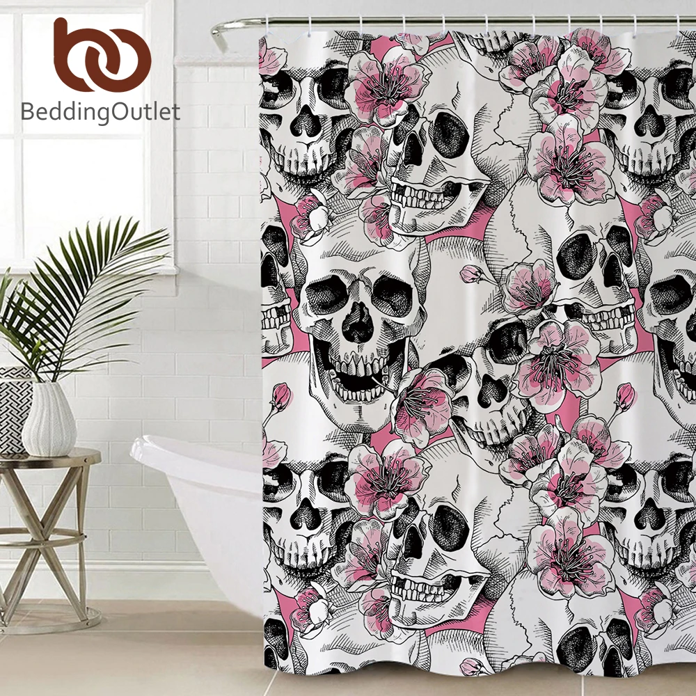 BeddingOutlet Sugar Skull Shower Curtain Pink Floral Bathroom Cherry Blossoms Waterproof Bath Curtain With Hooks for Woman