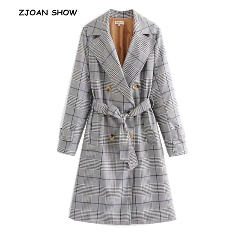 Retro Bow Tied Sashes Gingham Plaid Trench 2018 New Women Notched collar Double Breasted X-Long Windbreaker Coat Outerwear Belt | Женская