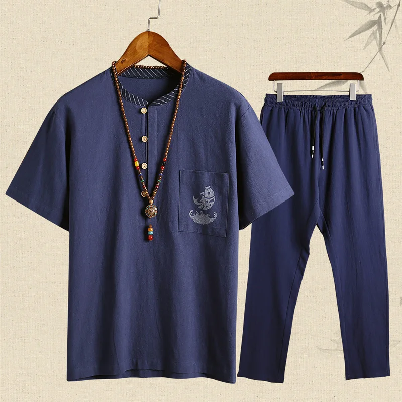 2019 Fashion New Men's Sportswear Suits Large size 5XL Mens Short Sets Summer Casual Solid Color Linen T-shirts+trousers 2 Piece