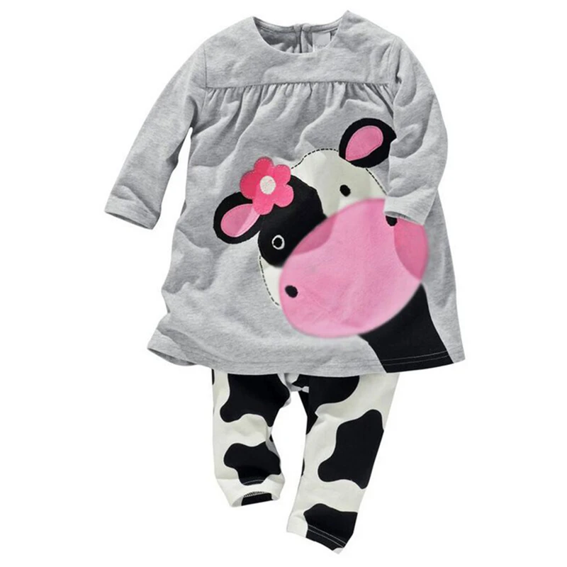 Одежда для маленьких девочек, коллекция года, зима, лидер продаж, Повседневная футболка с длинными рукавами+ штаны, комплект из 2 предметов, милая детская одежда с рисунком коровы