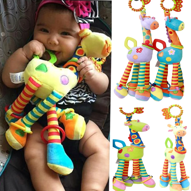 

6 Colors Plush Infant Baby Toys 0-12 Months Soft Giraffe Animal Handbells Rattles Handle Toys Hot Selling WIth Teether Baby Toy