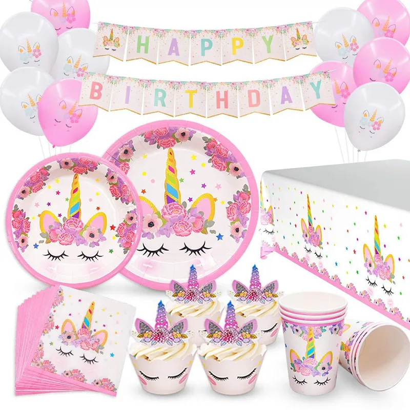 

Unicorn Theme Disposable Tableware Sets For Kids Birthday Party Decroations Pink Plates Cups Napkins Baby Shower Party Supplies
