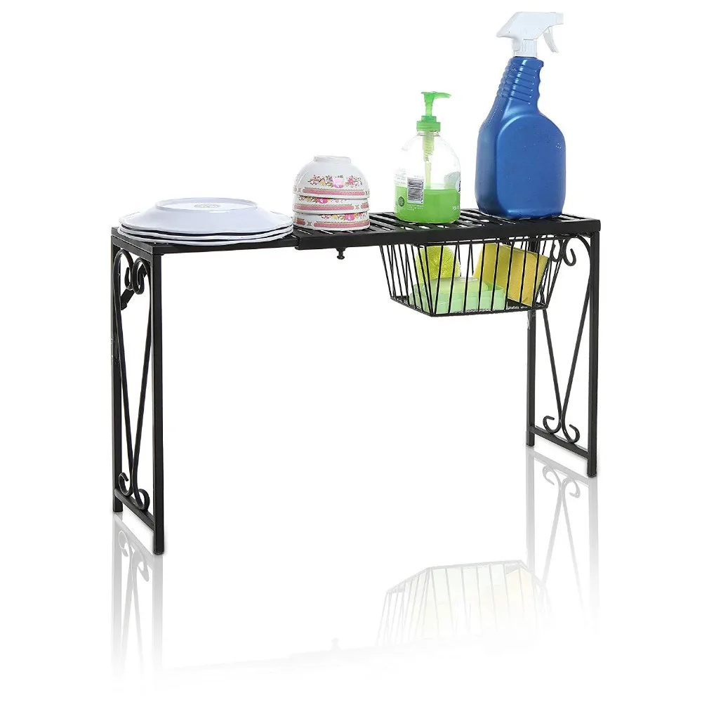

Black Metal Scrollwork Design Expandable Over the Sink torage Organizer Shelf Rack w/Pull-Out Drawer