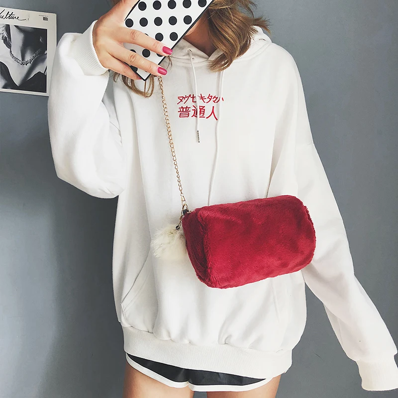 Hot Barrel Shaped Bag Velour Female Chain Handbag Fur Ball Women Purse Crossbody Messenger Shoulder Bags Sac A Main mujer bolsaIMG_5160