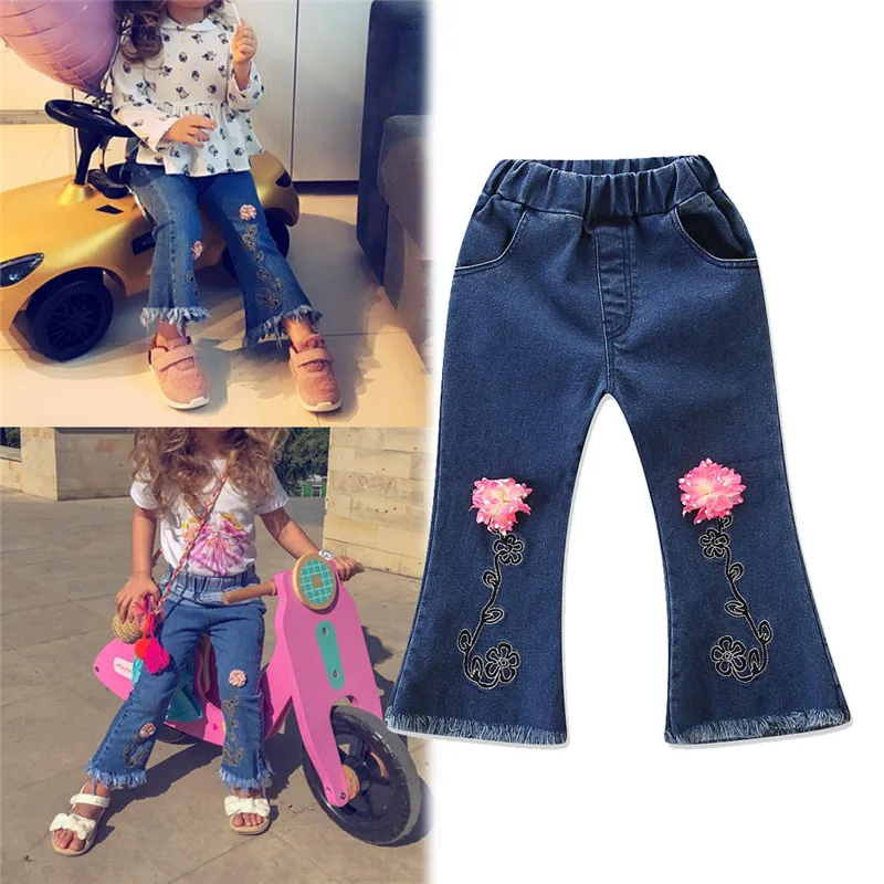 Весенне-осенние джинсовые штаны для девочек джинсы с эластичной резинкой на талии для маленьких девочек детская одежда джинсы детская одежда повседневные расклешенные брюки - Цвет: Синий