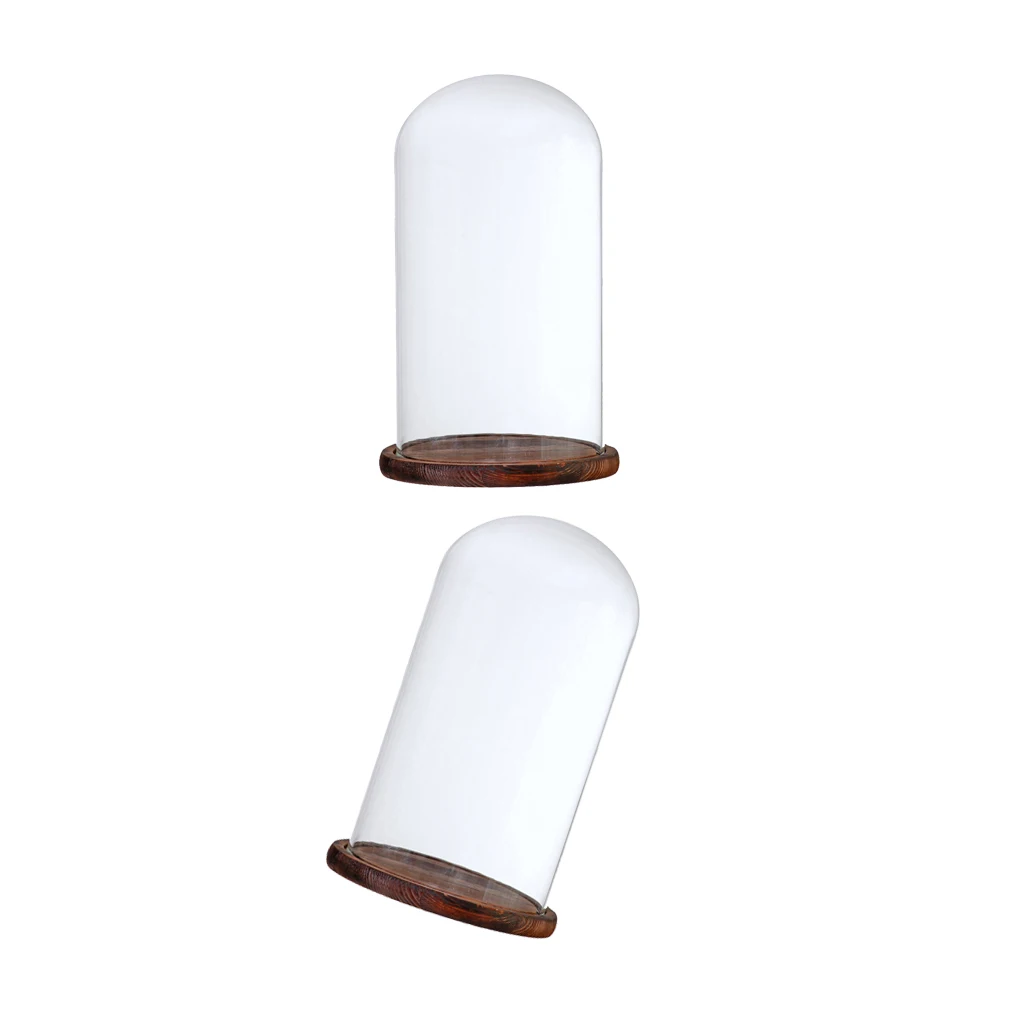 2Pcs 12x22cm Clear Glass Dome with Wooden Base for Home Wedding Party Centerpiece Display Stand DIY Decor ~Brown
