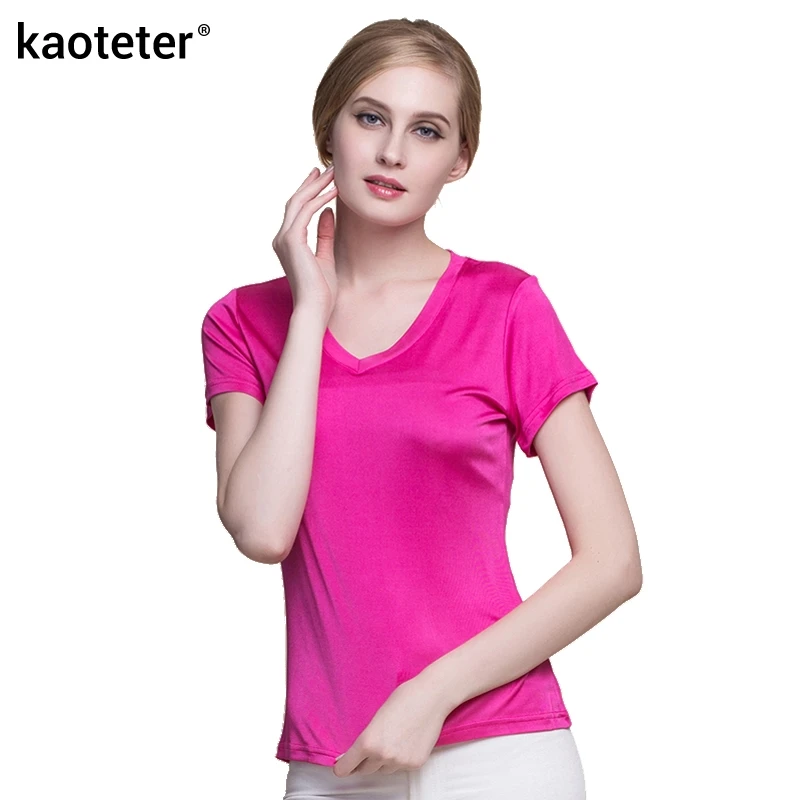 100 Real Silk Women T Shirt V Collar Simple Short Sleeve Candy Color Solid Black Female