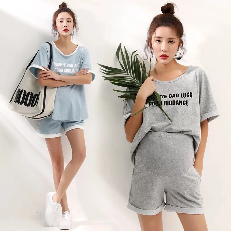 

2pcs/set Maternity Sports Clothing Sets (T-shirt + Belly Pants) Clothes for Pregnant Women Summer Pregnancy Casual Suits