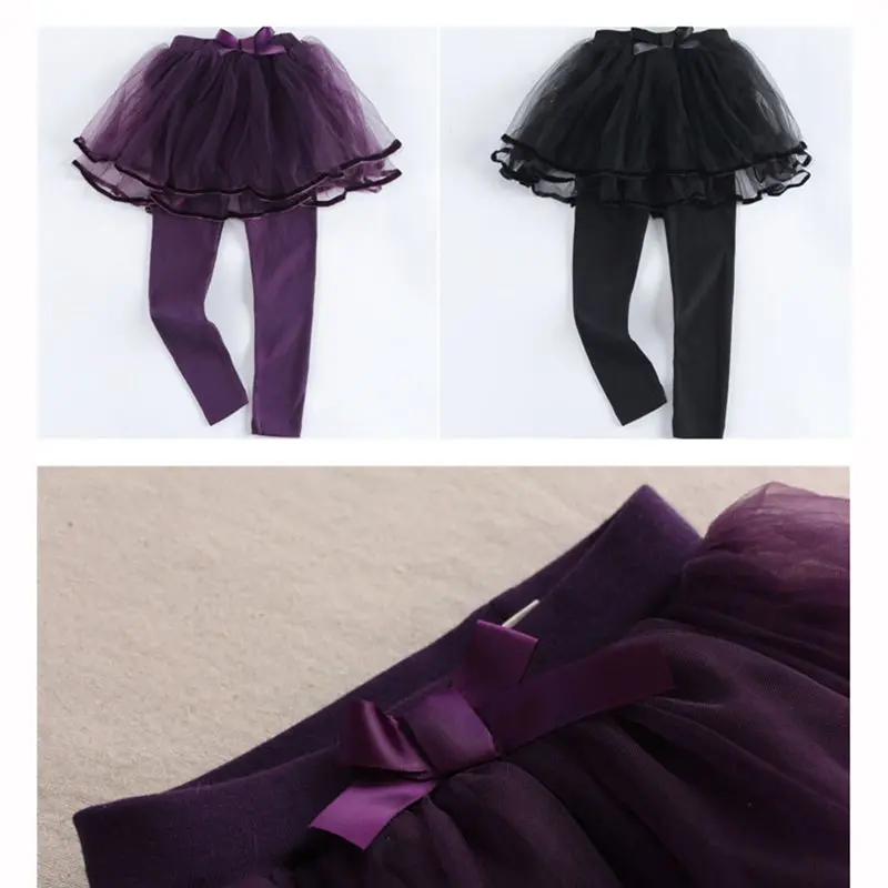COOTELILI 80-130cm Lace Tutu Skirt Leggings Girls Winter Fleece Velvet Children's Pants Kids Trousers Purple Black  (6)
