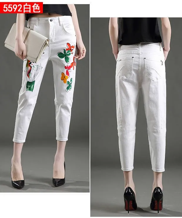 Сезон весна-лето; Новинка; модные джинсовые брюки; длинные белые брюки со средней талией; женские брюки с принтом; джинсы до щиколотки - Цвет: 5592 White
