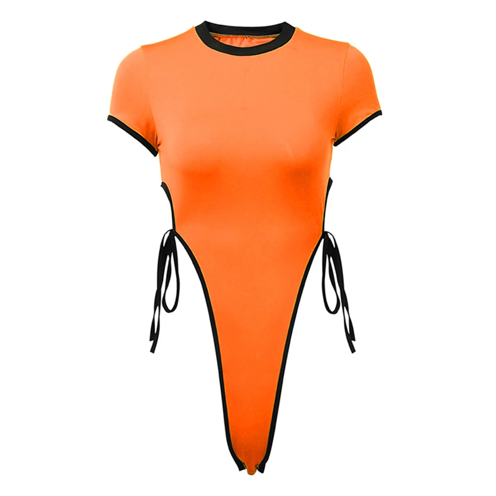 Оранжевый Side Bandage Jumpsuit Women Short Sleeve Hollow Out O Neck Short Sexy Bodysuit Women Femme Skinny Bodycon Summer - Цвет: Оранжевый