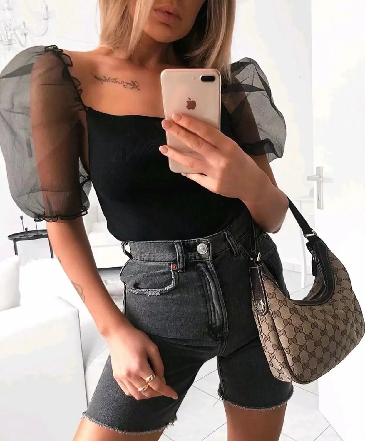 

2019 Summer Vintage Black Short Mesh Puff Sleeve Square Collar Black Cotton T Shirt Women Sexy Clothing DS45