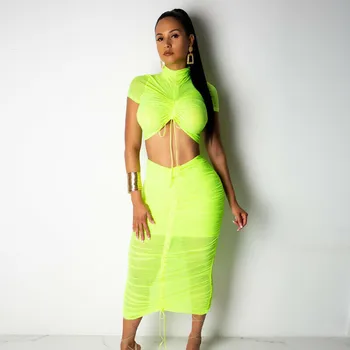 

Summer Two-piece Women Sheer mesh Clubwear Clothes Set Fashion Bandage High neck Crop top+bodycon skirts Outfits Solid femme