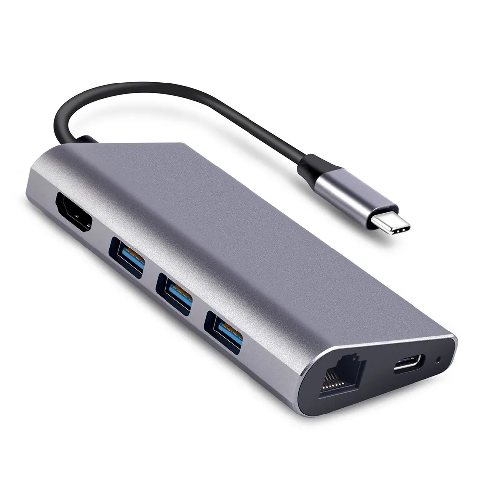 Адаптер usb Type C многопортовый адаптер HDMI выход Gigabit Ethernet SD/TF+ Micro SD карты порты 3 usb порта для MacBook samsung - Цвет: Серебристый