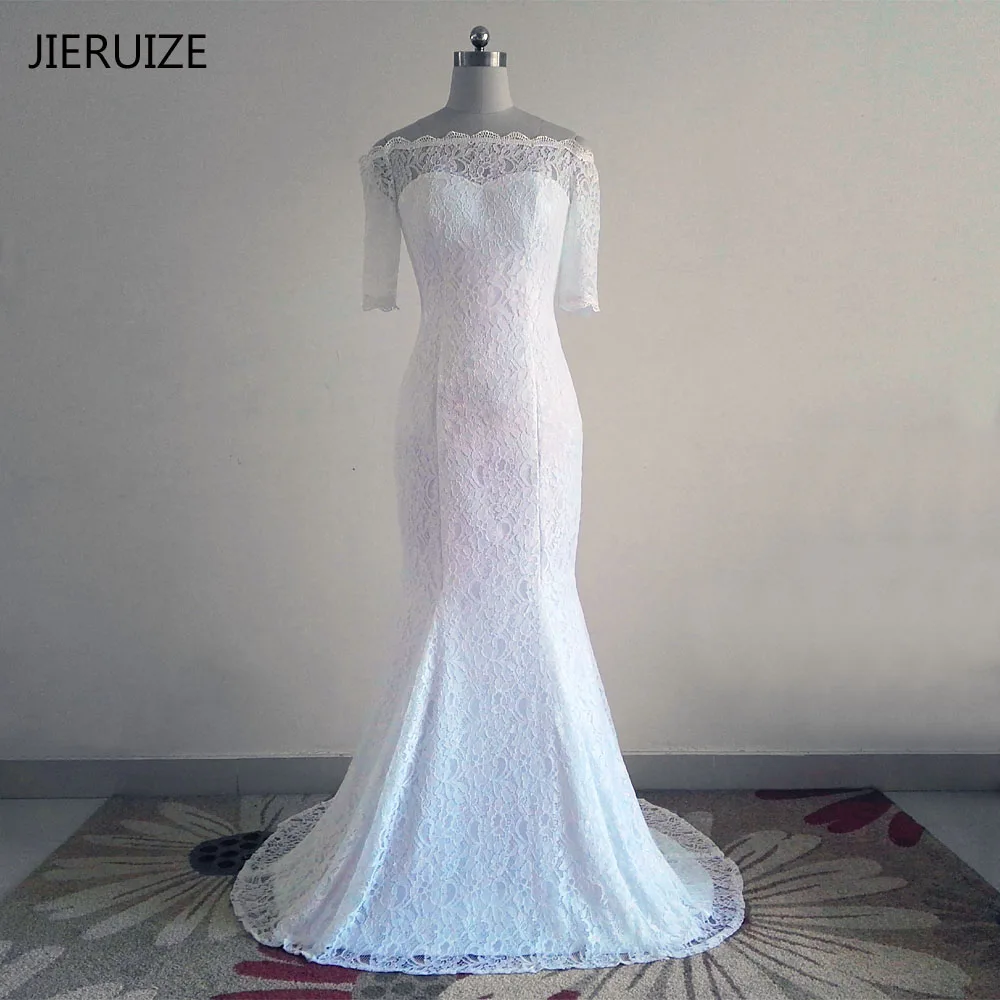 JIERUIZE белое винтажное кружевное свадебное платье русалки с открытыми плечами и короткими рукавами дешевые свадебные платья vestidos de novia