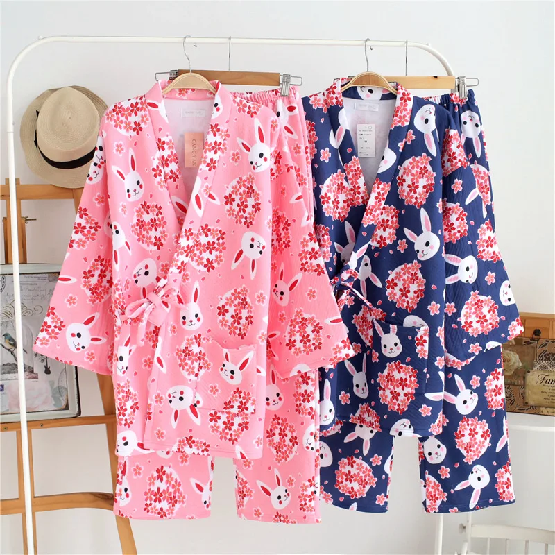 Winter Robe Womens Pajamas Set Japanese Kimono Robe and Pants Set