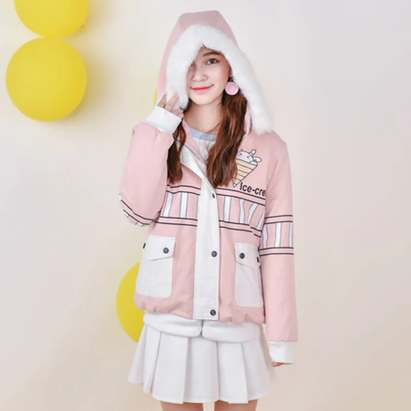 Mori Girl 2016 Winter Women Original Short Down Clothes Coat Hooded Long Sleeve Loose Warm Print