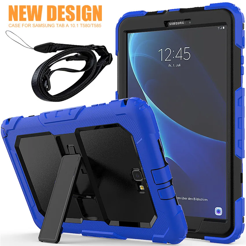 Чехол для samsung Galaxy Tab A 10,1 T580 T585 ударопрочный сверхпрочный силиконовый+ PC чехол с подставкой+ ремешок на плечо+ пленка+ ручка - Цвет: Синий