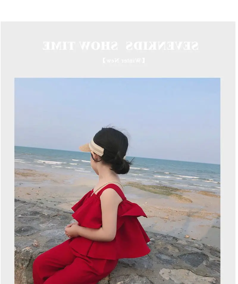 Летний комплект одежды для маленьких девочек, красный хлопковый топ без рукавов+ штаны в Корейском стиле, модная детская одежда