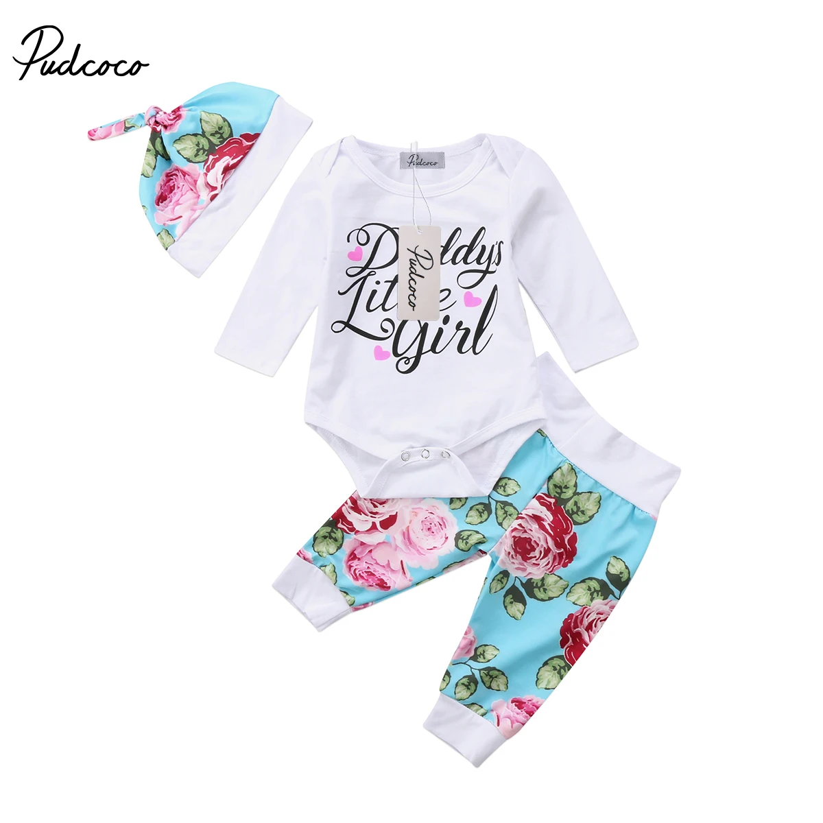 

2017 Brand New Newborn Toddler Infant Baby Girl Bodysuit Pants Headband Hat 4Pcs Daddy Little Girl Clothes 4Pc Outfits Set 0-18M