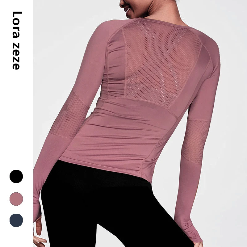 

LORA ZEE Breathable Stretch Mesh Panels Sport Top Fast Dry Pink Yoga T Shirt Black Active wear Exercise Tops for Women