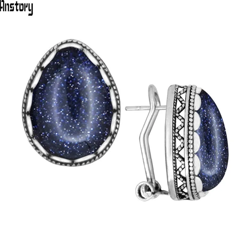 Винтажные висячие серьги-гвоздики с синим камнем и блестками для женщин, серьги-гвоздики из нержавеющей стали, античные посеребренные серьги