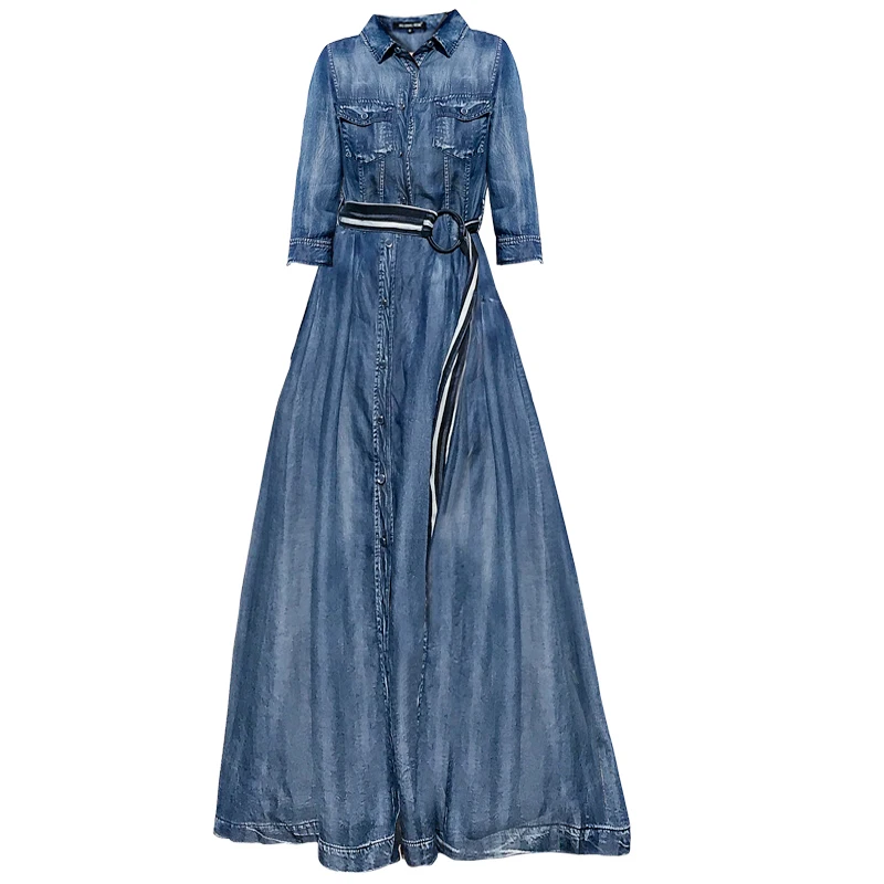2018 runway new spring denim della banda di cucitura del vestito femminile  lungo maxi Tencel risvolto di temperamento sottile camicia di jeans grande  swing forcella dr|Dresses| - AliExpress